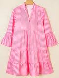 Stripe Flare Sleeve Half Placket Tiered Flowy Mini Dress - Trendsi - Flyclothing LLC