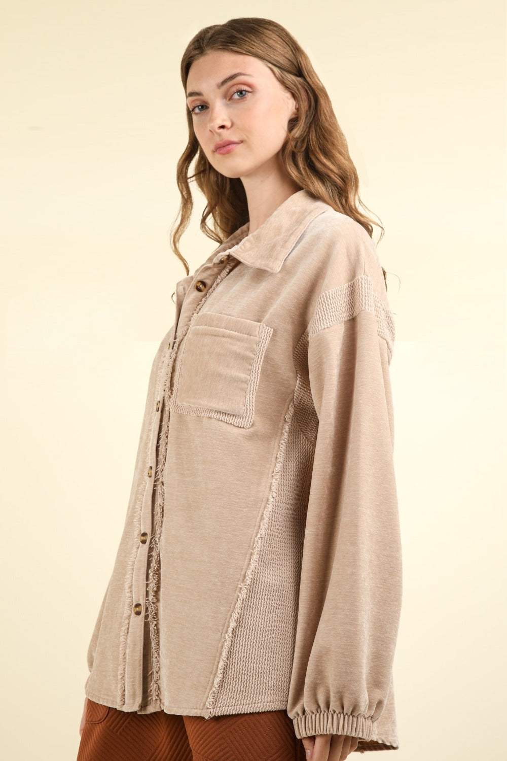VERY J Mixed Media Button Down Raw Hem Shacket - Trendsi - Flyclothing LLC