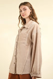 VERY J Mixed Media Button Down Raw Hem Shacket - Trendsi