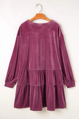 Plus Size Textured Velvet Decorative Button Long Sleeve Dress - Trendsi - Flyclothing LLC