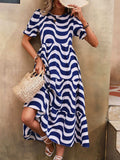Wavy Striped Round Neck Short Sleeve Dress - Trendsi - Flyclothing LLC