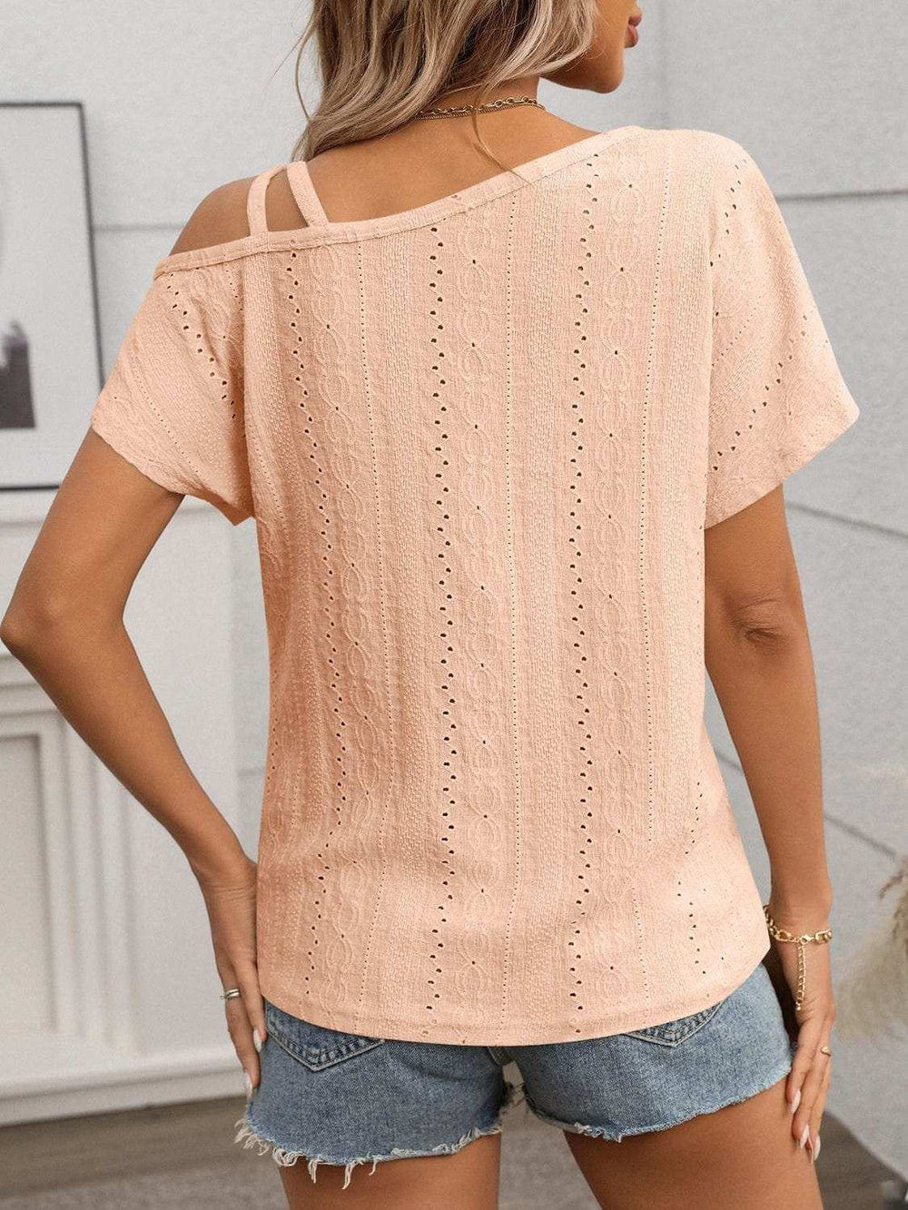 Eyelet Asymmetrical Shoulder Short Sleeve T-Shirt - Trendsi - Flyclothing LLC