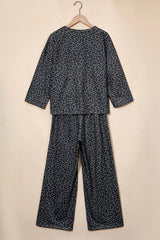 Leopard Print Varsity Striped Detail 3/4 Sleeve Top Shift Pant Set - Trendsi - Flyclothing LLC