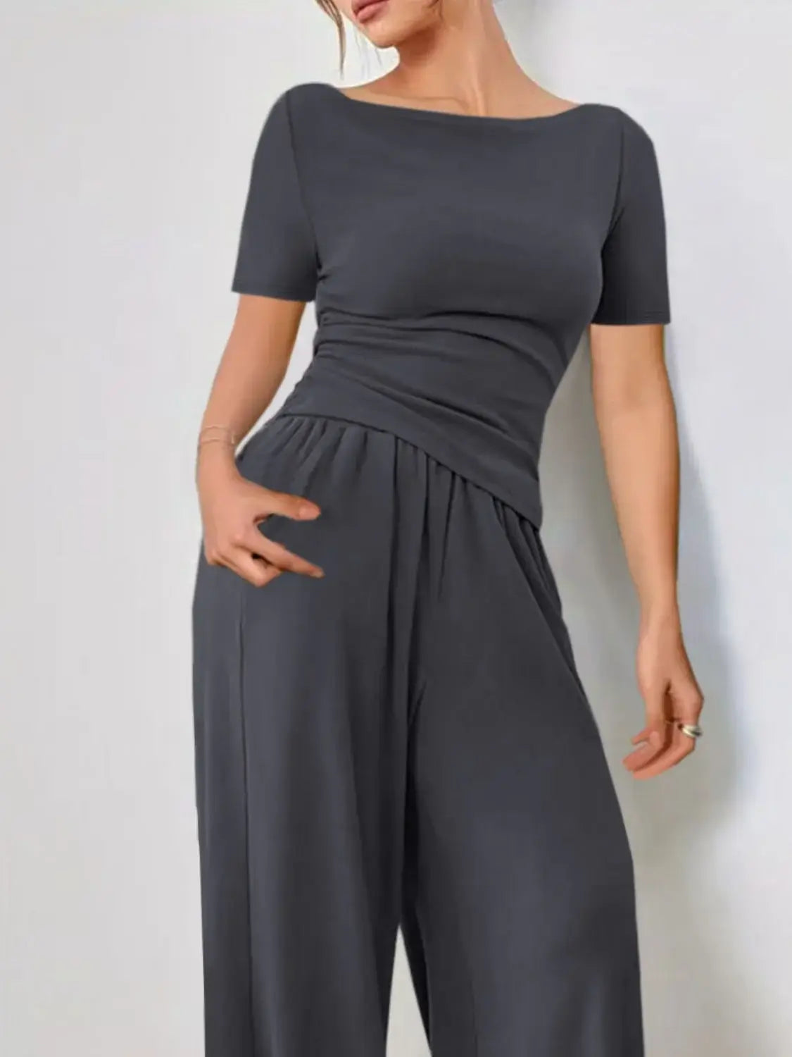 Round Neck Short Sleeve T-Shirt and Pants Set - Trendsi - Flyclothing LLC