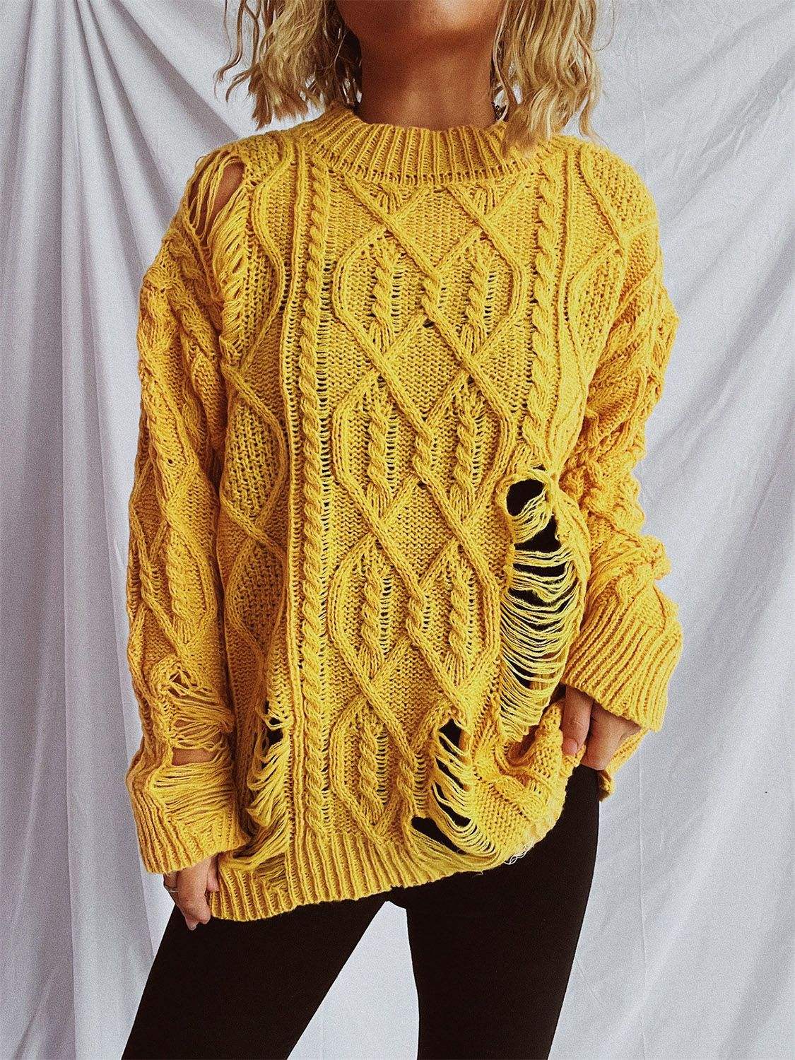 Distressed Cable-Knit Round Neck Long Sleeve Sweater - Trendsi - Flyclothing LLC