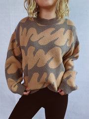 Contrast Round Neck Long Sleeve Sweater - Trendsi