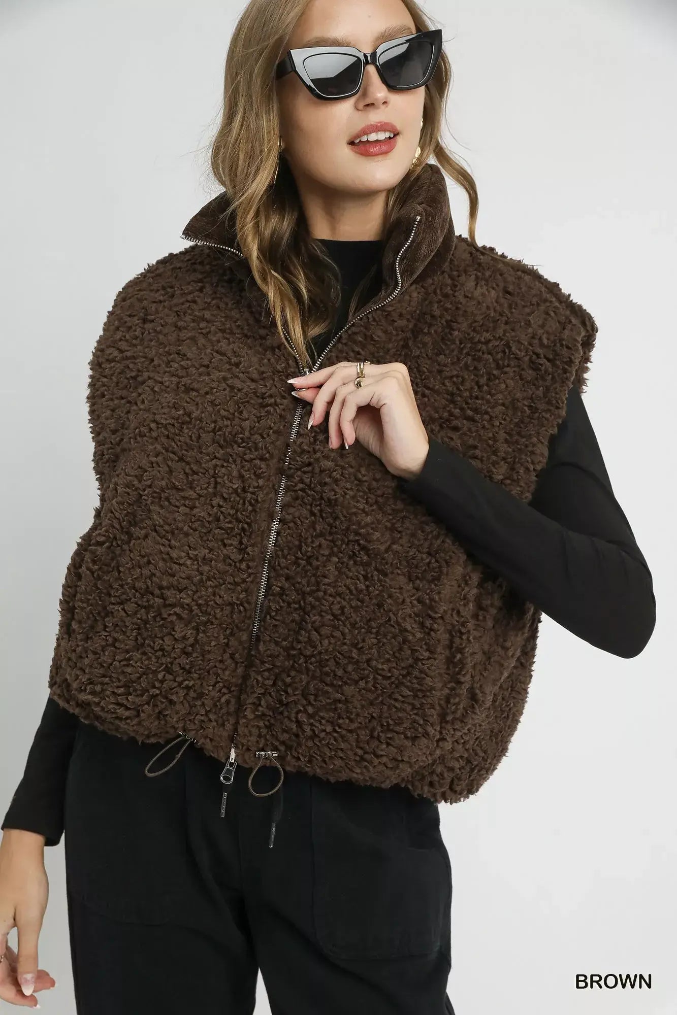 Umgee Sherpa-Lined Zip Vest with Drawstring Hem - Trendsi - Flyclothing LLC