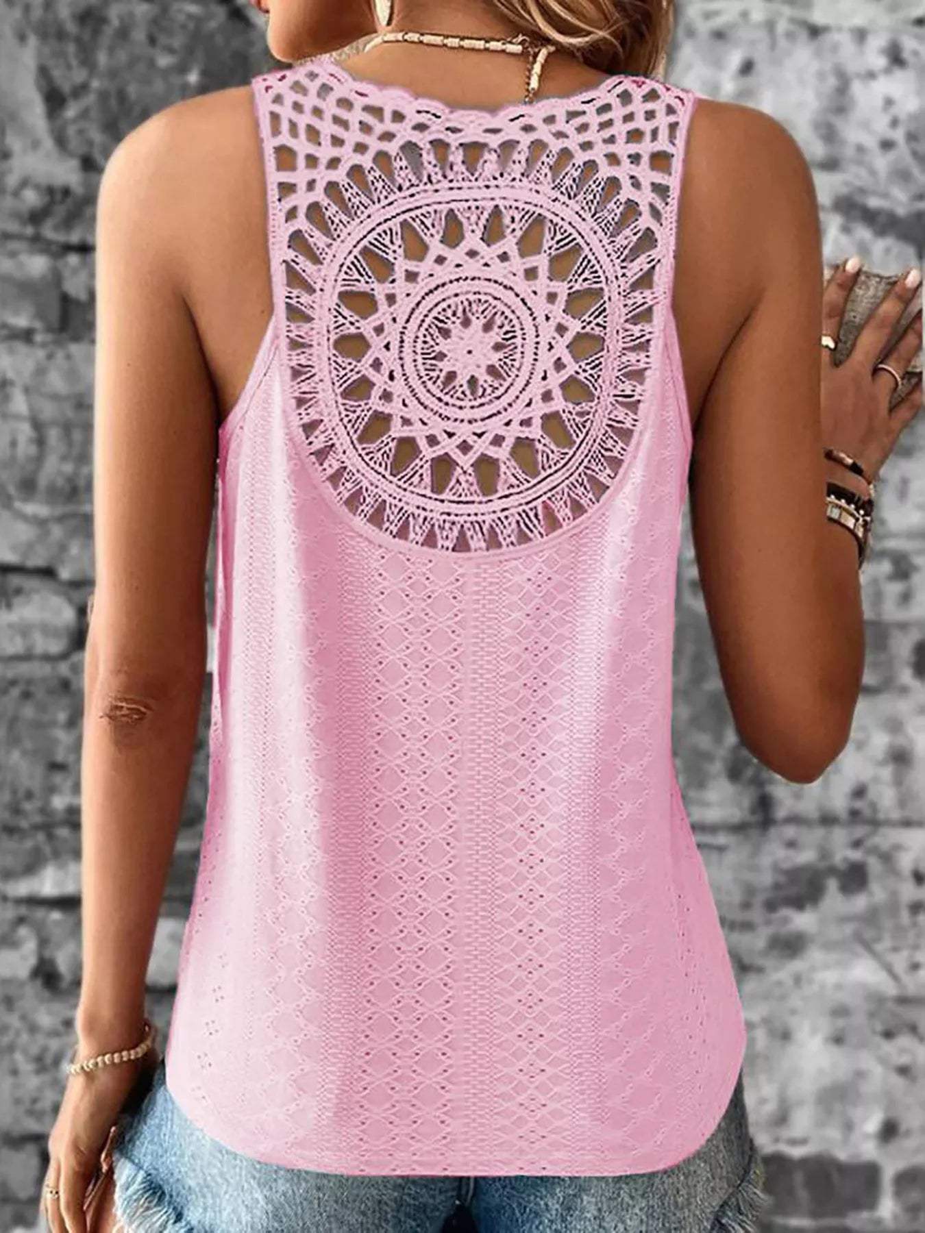 Eyelet Lace Trim V-Neck Tank Top - Trendsi - Flyclothing LLC