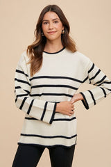 Annie Wear Side Slit Striped Round Neck Sweater - Trendsi