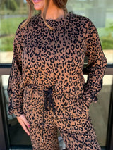 Striped Trim Leopard Long Sleeve Top Drawstring Pant Set - Trendsi - Flyclothing LLC