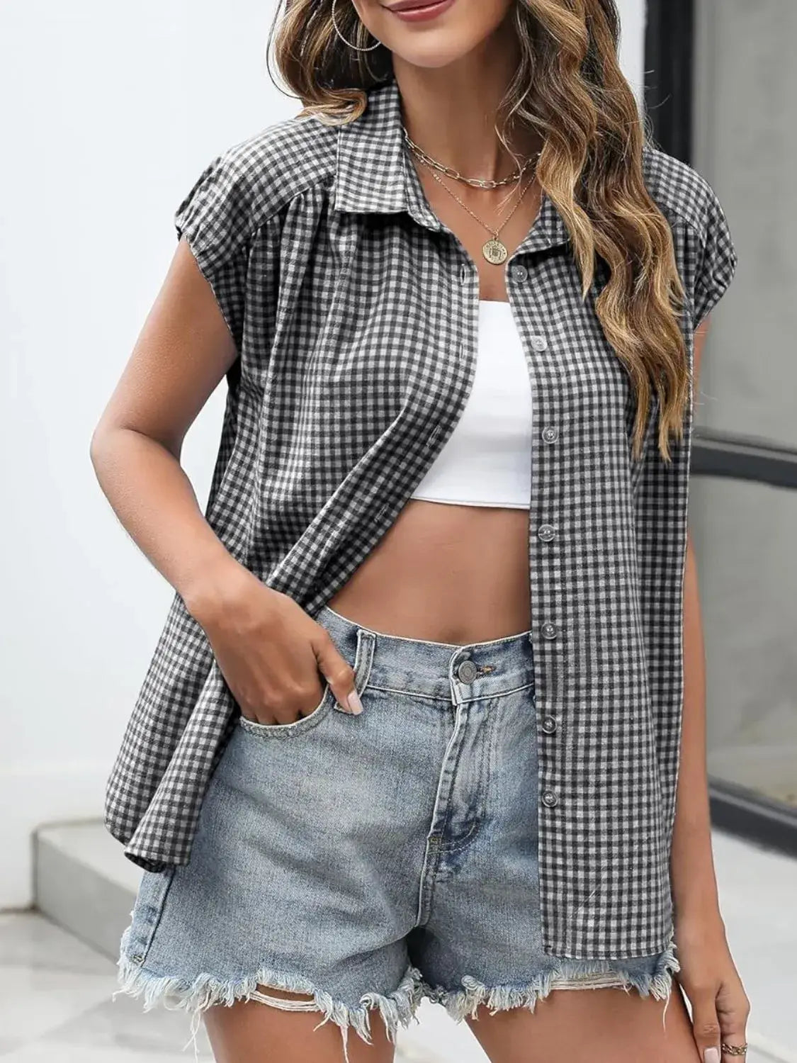 Plaid Button Up Cap Sleeve Shirt - Trendsi - Flyclothing LLC