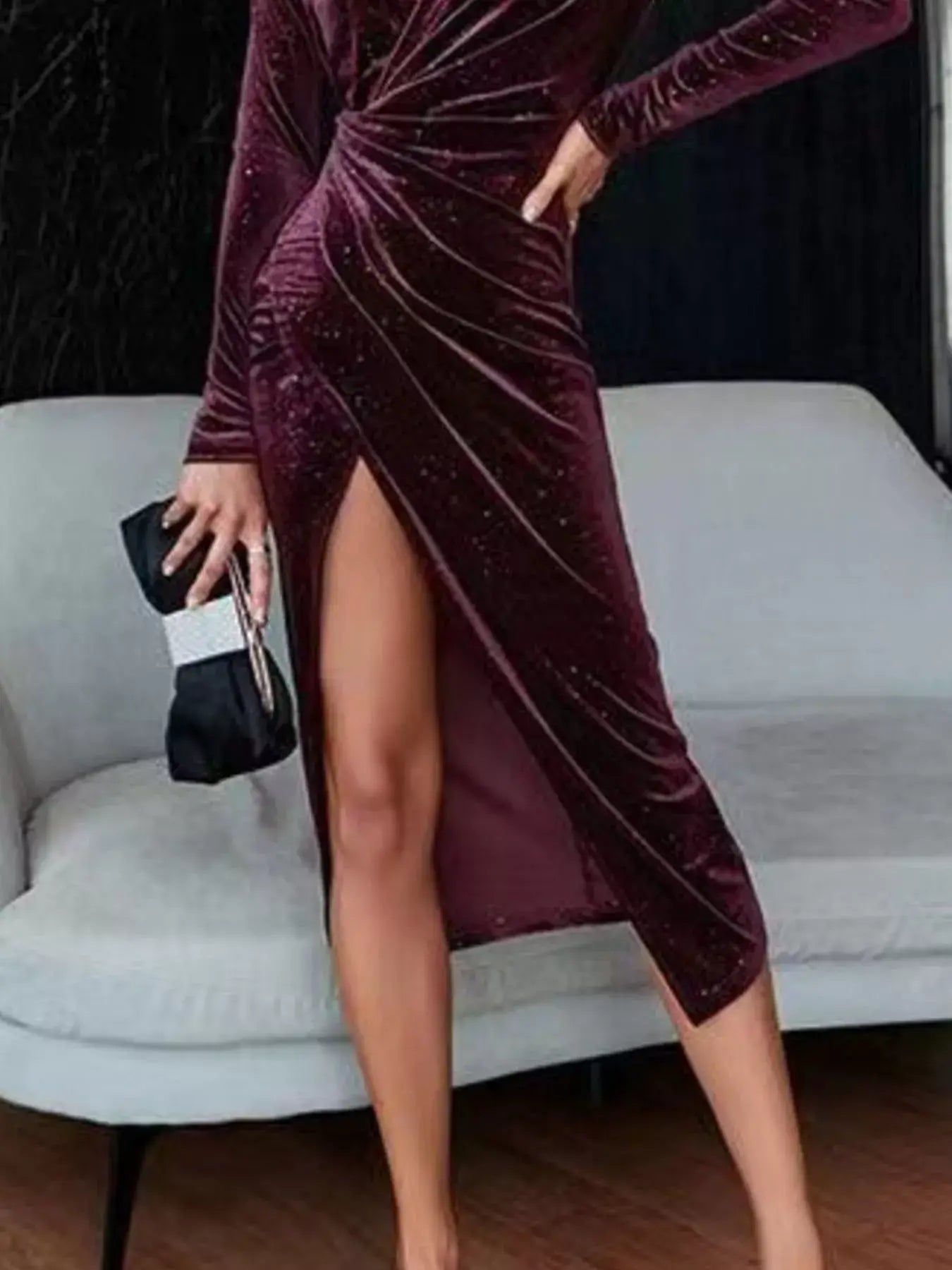 Velvet Ruched Slit Midi Dress - Trendsi - Flyclothing LLC