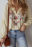 Embroidered Notched Long Sleeve Blouse - Trendsi