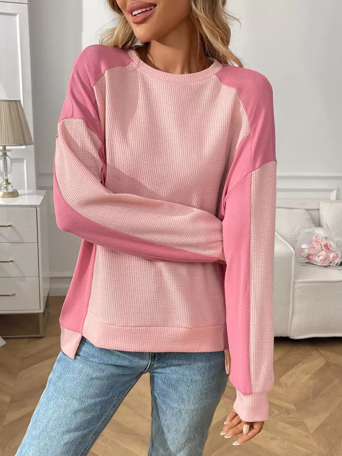 Color Block Waffle Knit Long Sleeve T-Shirt - Trendsi - Flyclothing LLC