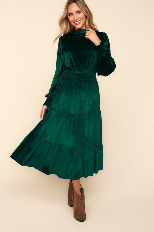 Haptics Mock Neck Smocked Waist Velvet Tiered Dress - Trendsi
