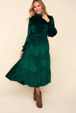 Haptics Mock Neck Smocked Waist Velvet Tiered Dress - Trendsi - Flyclothing LLC