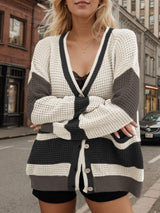Contrast Button Up Long Sleeve Cardigan - Trendsi - Flyclothing LLC