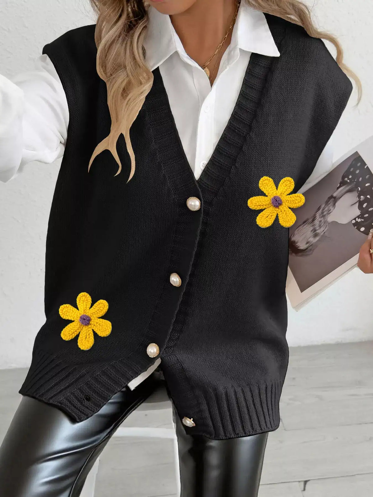 Flower V-Neck Sleeveless Cardigan - Trendsi - Flyclothing LLC