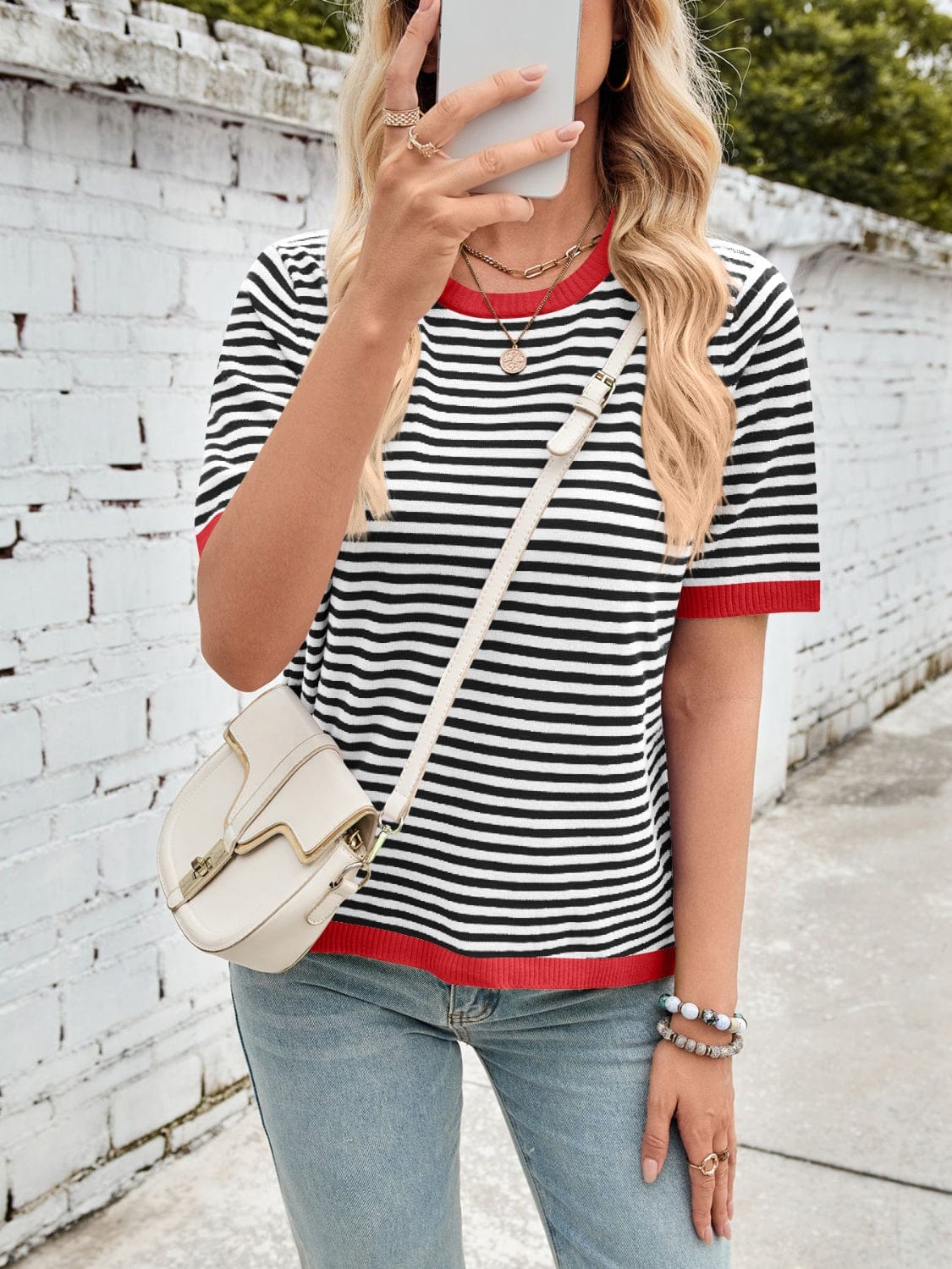 Lovelet Striped Contrast Round Neck Half Sleeve Knit Top - Trendsi