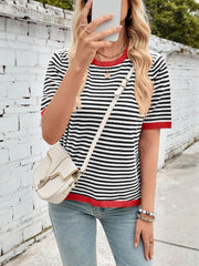 Lovelet Striped Contrast Round Neck Half Sleeve Knit Top - Trendsi