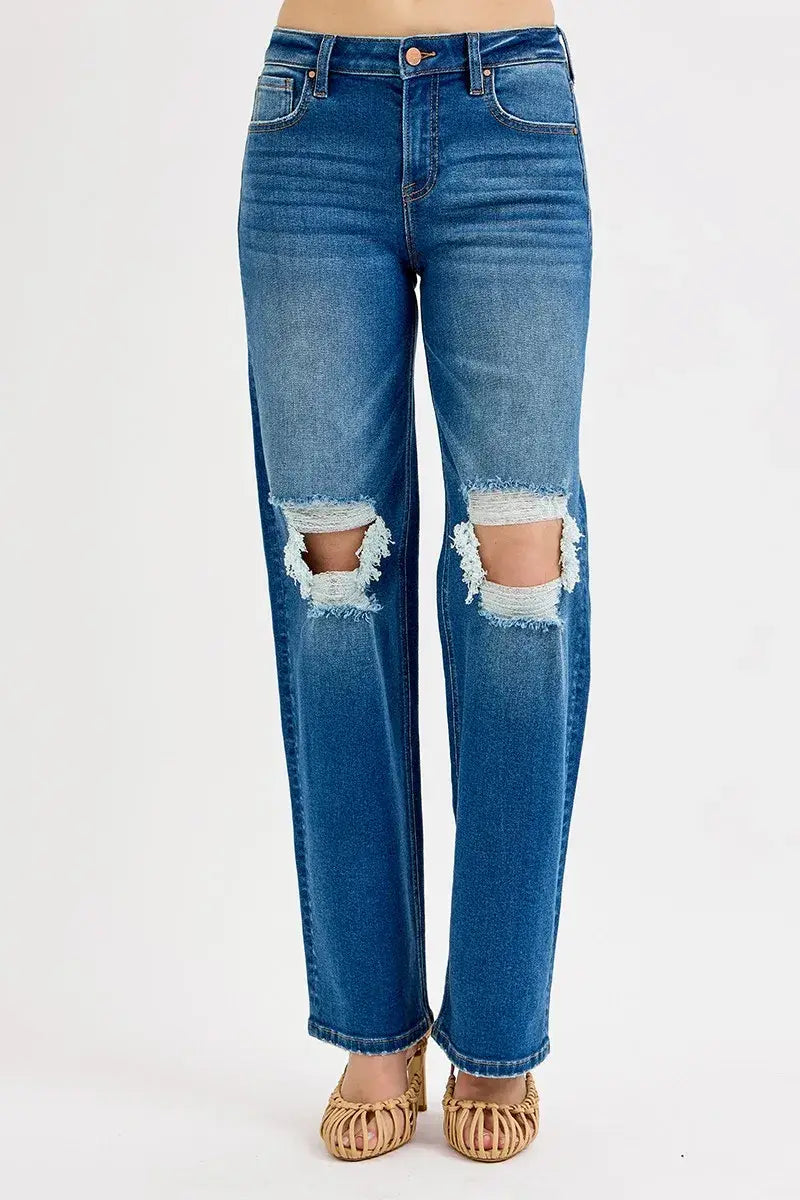 RISEN Full Size Mid Waist Fit Boyfriend Knee Distressed Jeans Plus Size - Trendsi - Flyclothing LLC