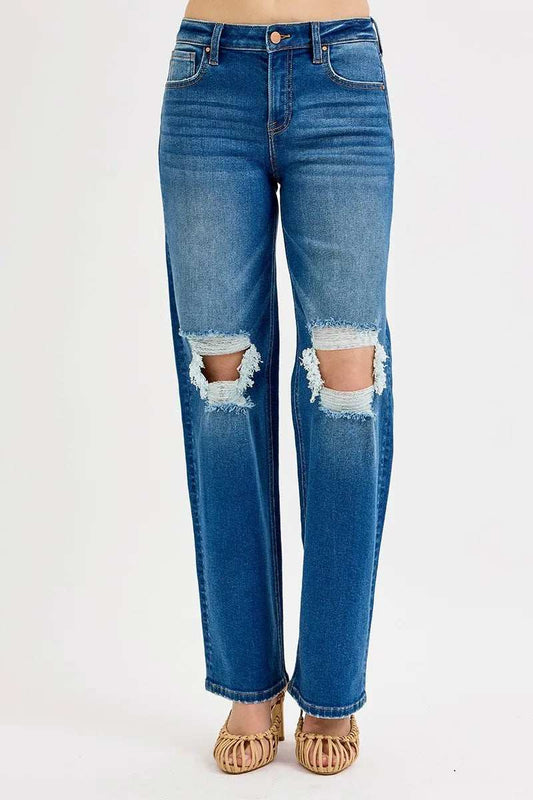 RISEN Full Size Mid Waist Fit Boyfriend Knee Distressed Jeans Plus Size - Trendsi - Flyclothing LLC
