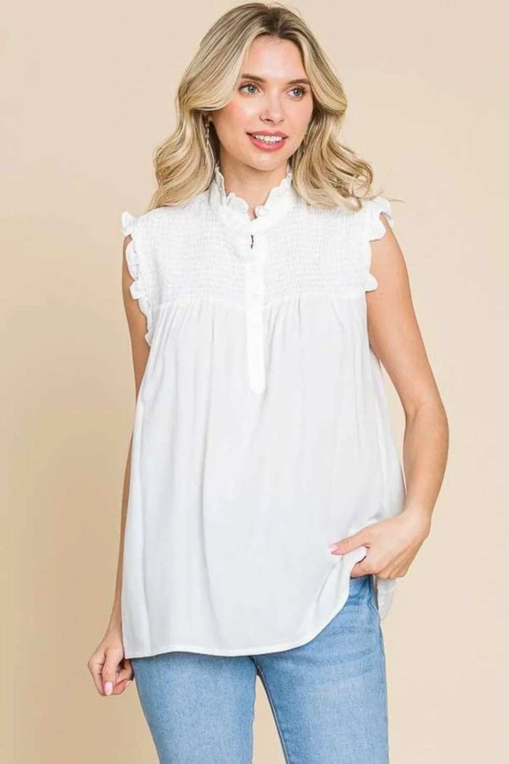 Culture Code Full Size Frill Edge Smocked Sleeveless Top - Trendsi - Flyclothing LLC