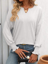 Textured Notched Lantern Sleeve T-Shirt - Trendsi - Flyclothing LLC