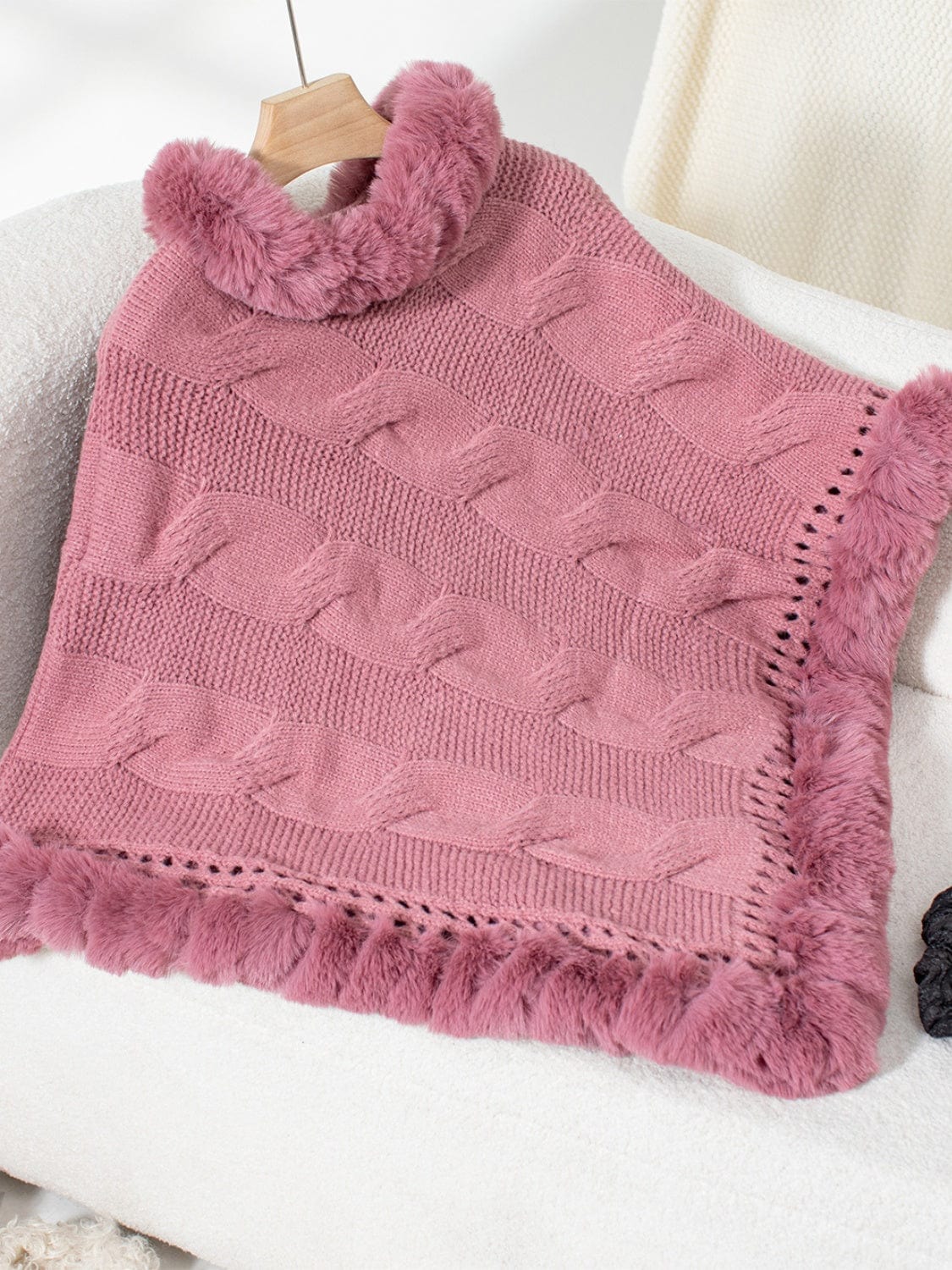 Fuzzy Hem Cable-Knit Poncho - Trendsi