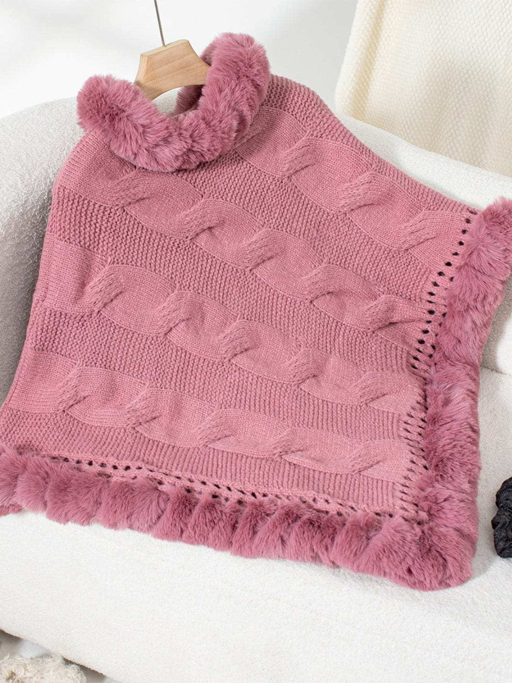 Fuzzy Hem Cable-Knit Poncho - Trendsi - Flyclothing LLC