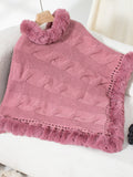 Fuzzy Hem Cable-Knit Poncho - Trendsi