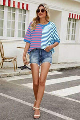 Striped Round Neck Half Sleeve T-Shirt - Trendsi - Flyclothing LLC