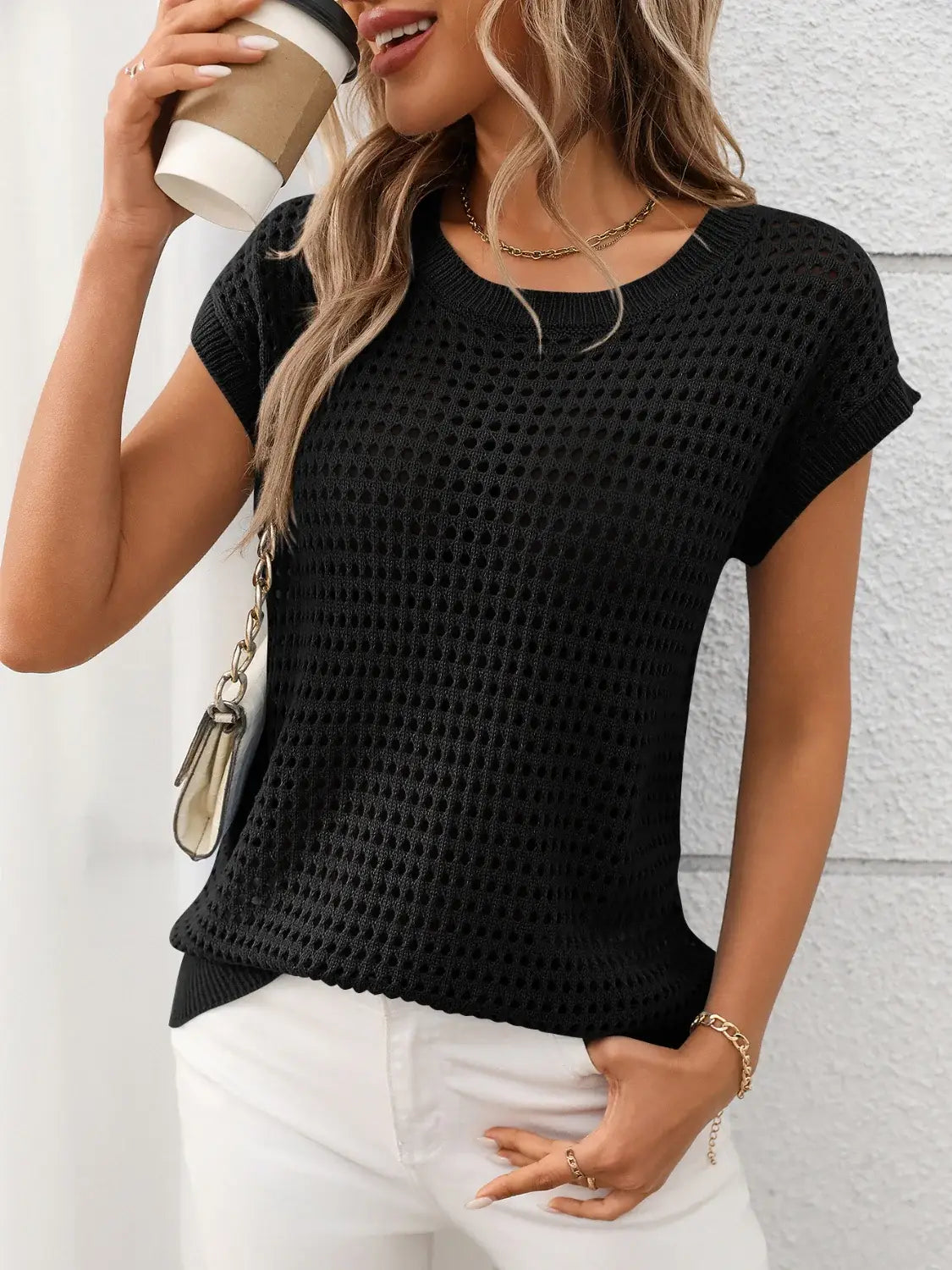 Openwork Round Neck Short Sleeve Knit Cover Up - Trendsi - Flyclothing LLC