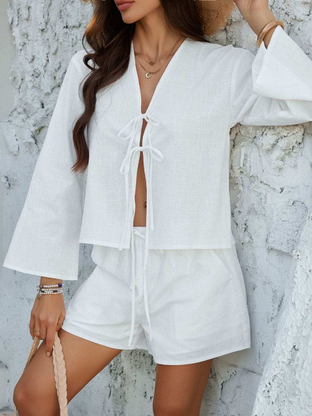 Devine Double Tied V-Neck Top and Shorts Set - Trendsi - Flyclothing LLC