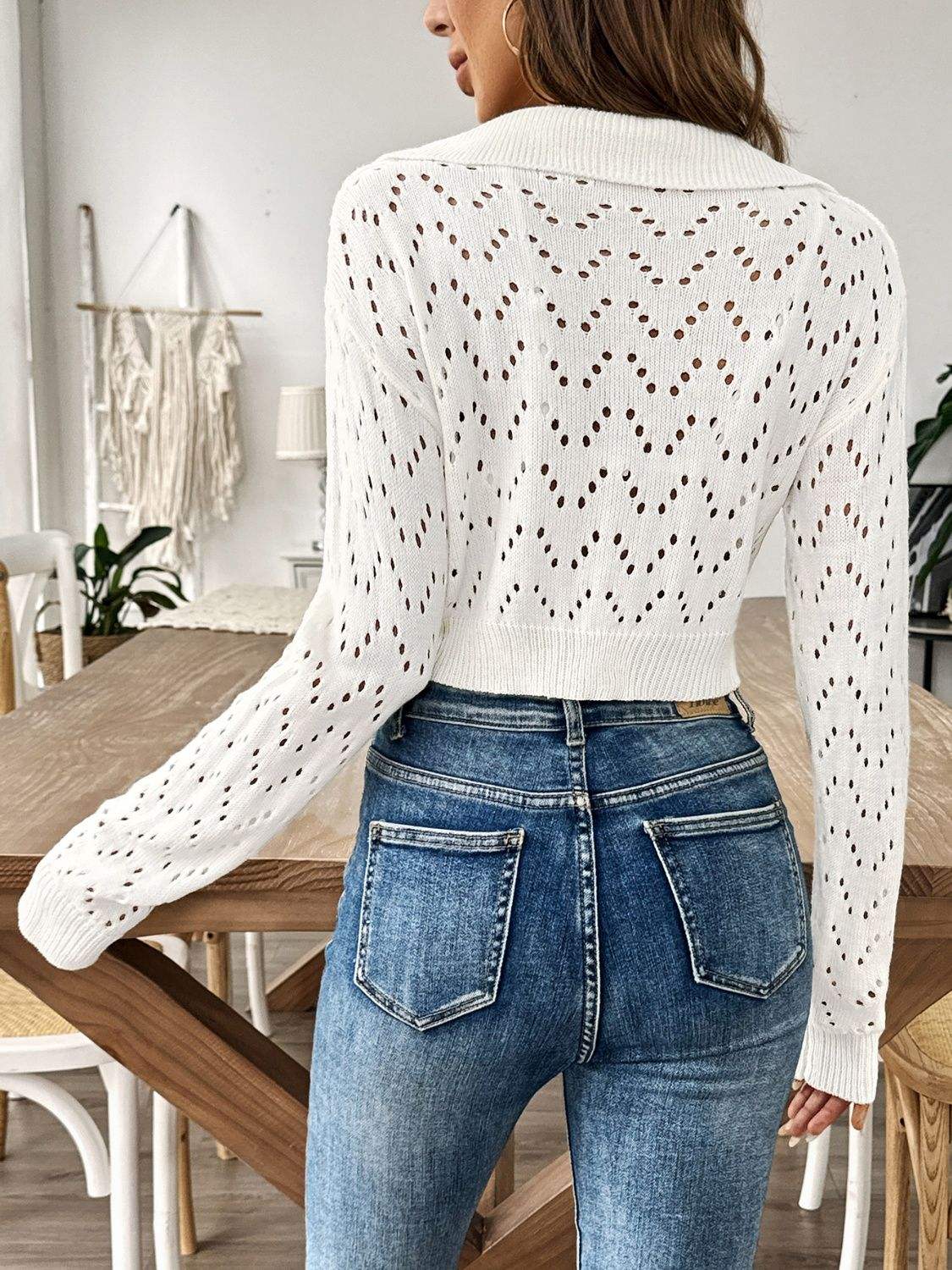 Openwork Collared Neck Long Sleeve Knit Top - Trendsi - Flyclothing LLC