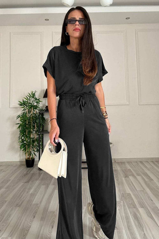 Round Neck Short Sleeve Top and Drawstring Pants Set - Trendsi - Flyclothing LLC