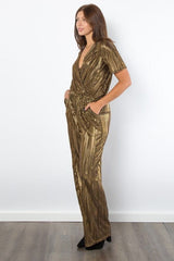 Be Stage Surplice Short Sleeve Pleated Foil Jumpsuit - Trendsi