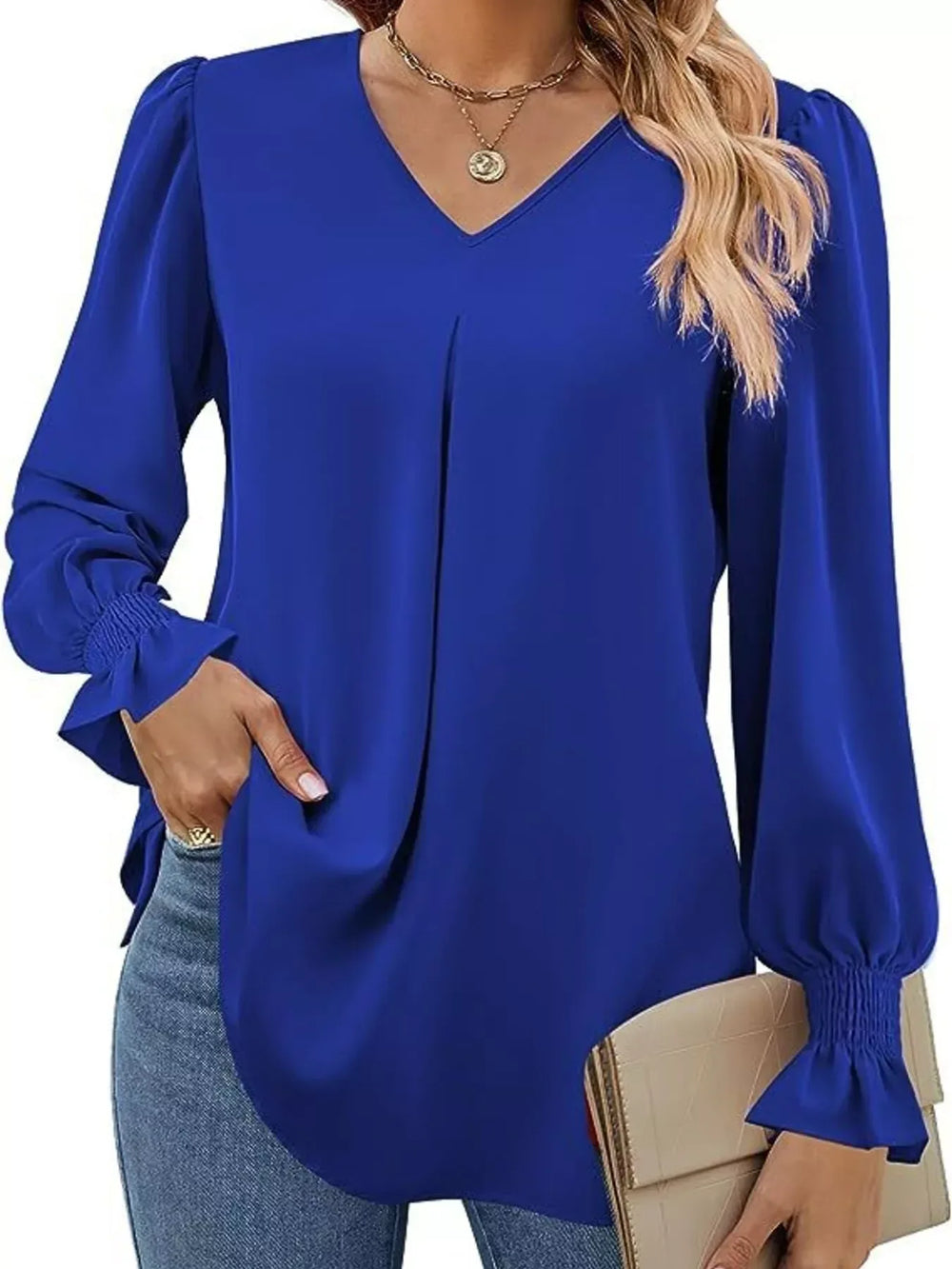 V-Neck Long Sleeve Ruffle Cuff Blouse - Trendsi - Flyclothing LLC