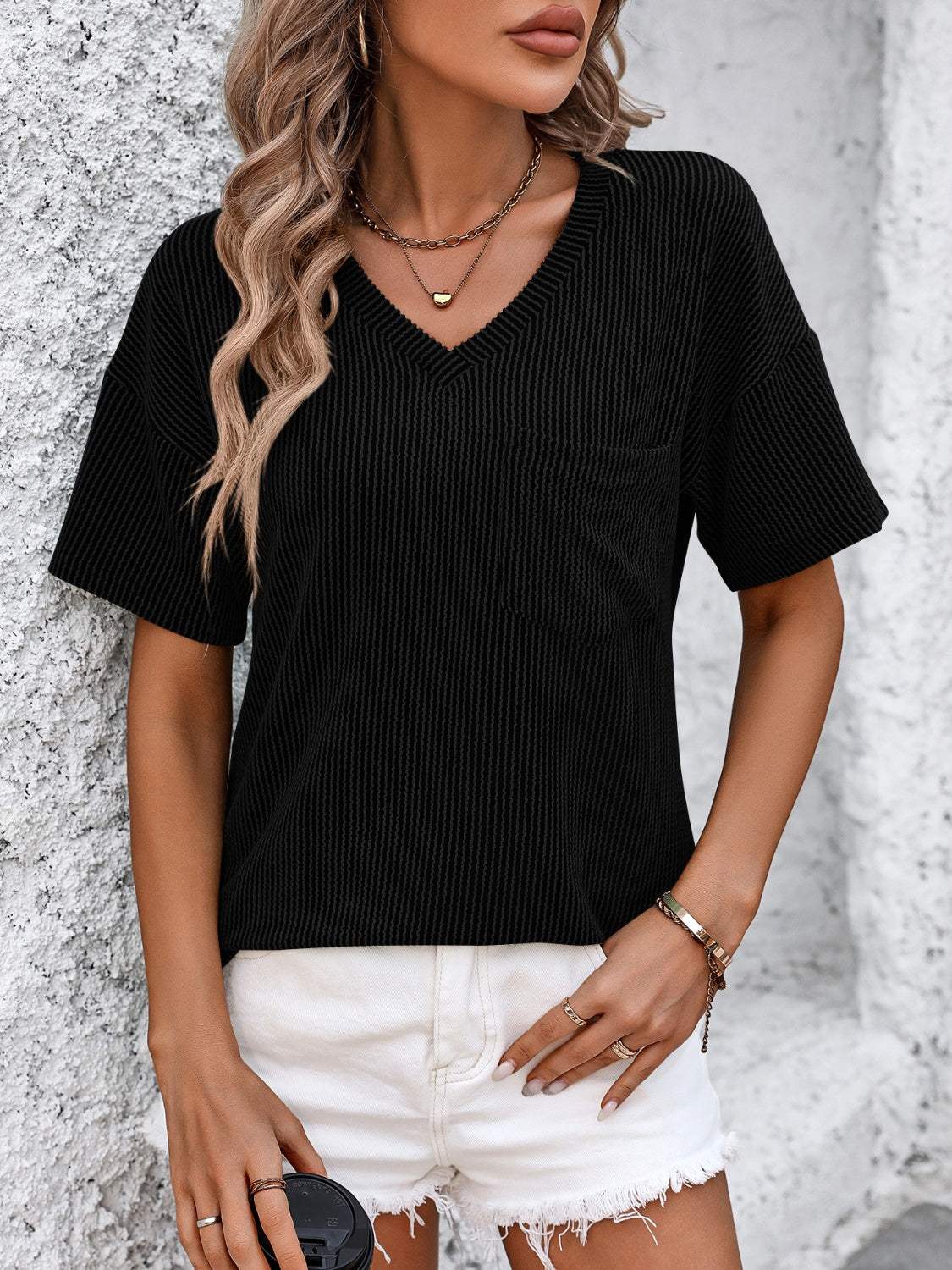 V-Neck Dropped Shoulder T-Shirt - Trendsi - Flyclothing LLC