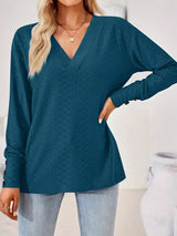 Plus Size V-Neck Textured Long Sleeve T-Shirt - Trendsi - Flyclothing LLC