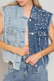 Pearl Detail Raw Hem Button Up Denim Vest - Trendsi