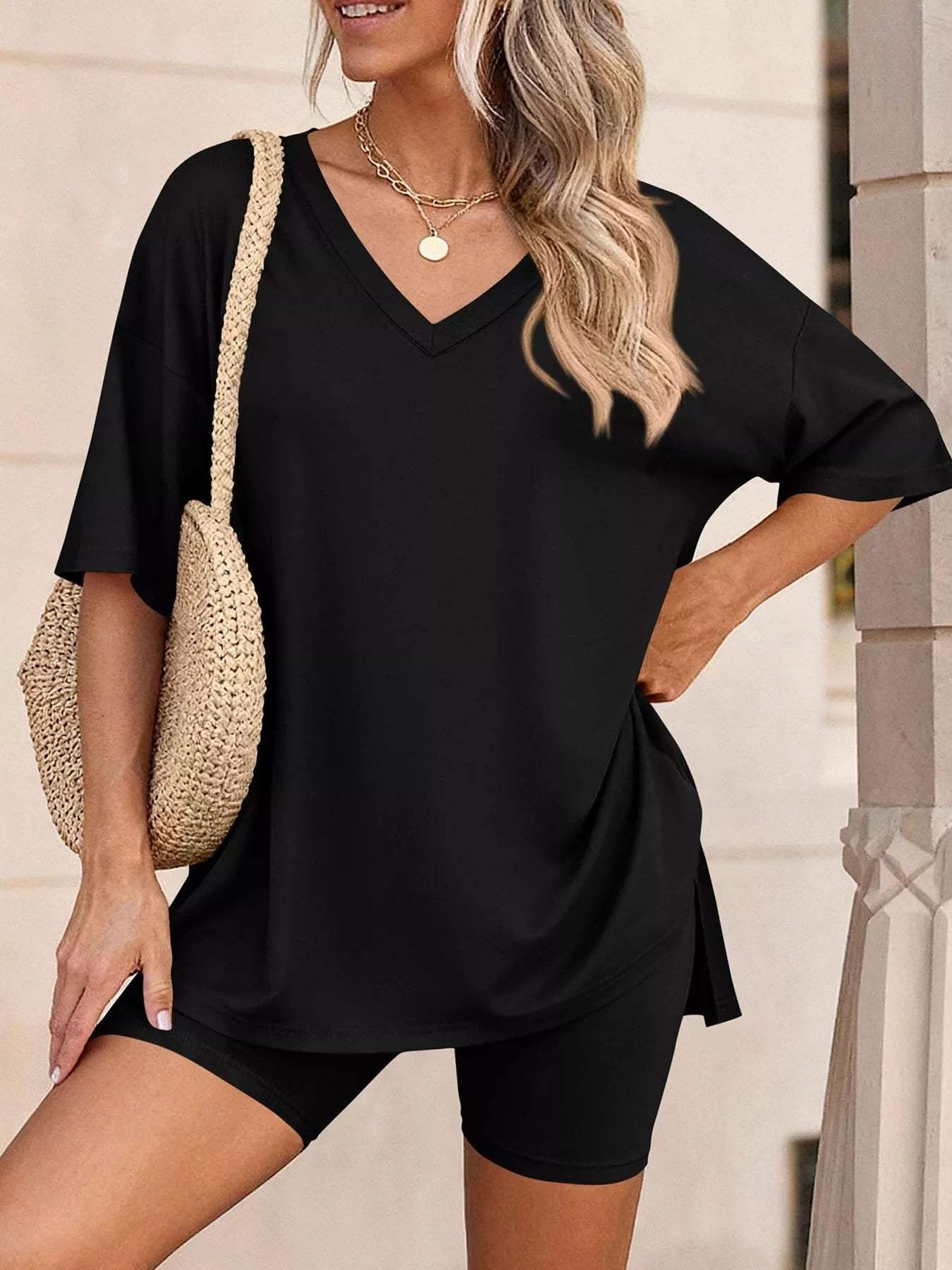 Full Size Casual Loose V-Neck T-Shirt & Shorts Set Plus Size - Trendsi - Flyclothing LLC