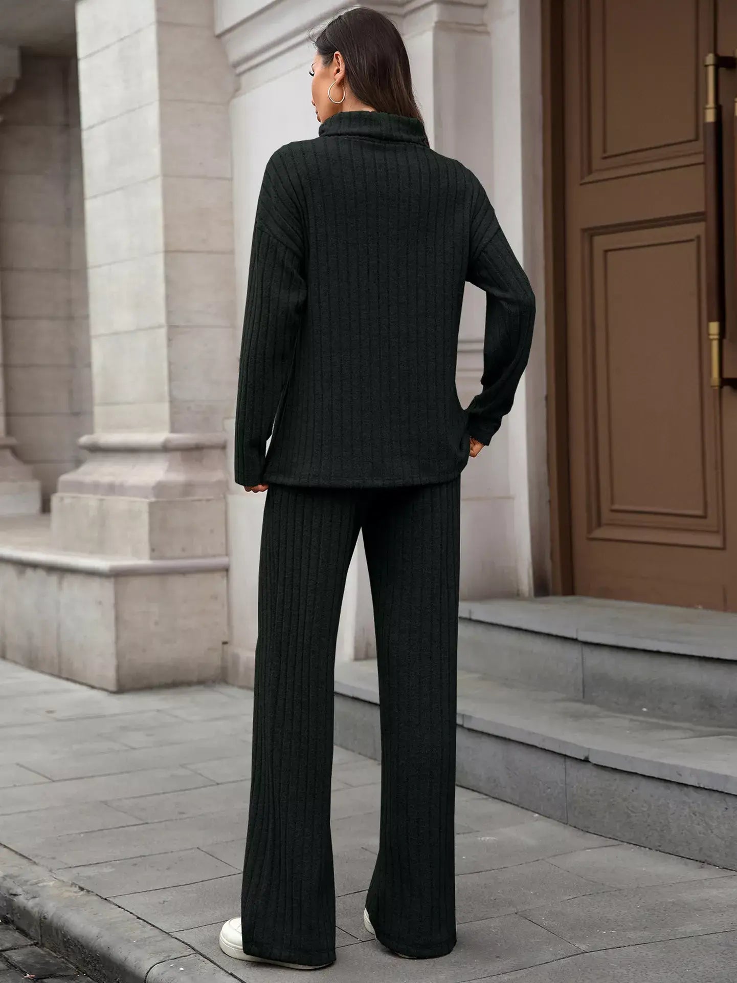 Ribbed Turtleneck Dropped Shoulder Top and Pants Sweater Set - Trendsi - Flyclothing LLC