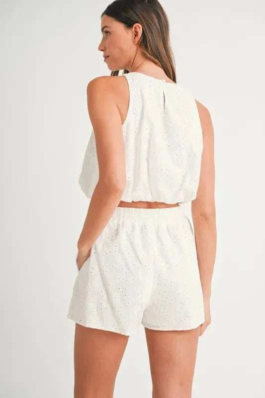 MABLE Eyelet Bubble Hem Sleeveless Top and Shorts Set - Trendsi - Flyclothing LLC