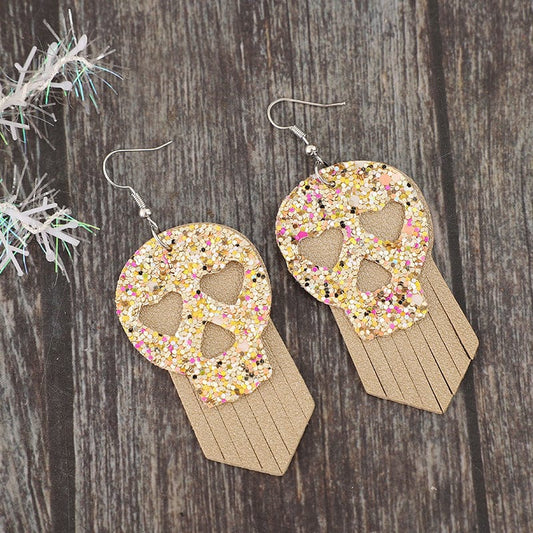 Sequin Skull Dangle PU Leather Earrings - Trendsi