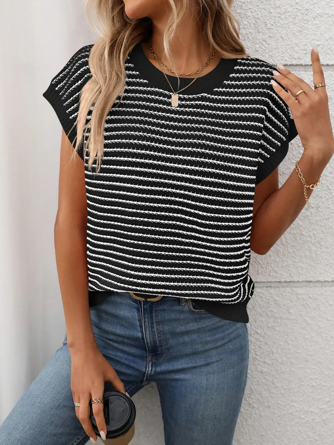 Striped Round Neck Short Sleeve Knit Top - Trendsi - Flyclothing LLC