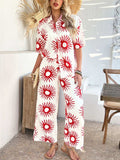Devine Printed Collared Neck Half Sleeve Top and Pants Set - Trendsi - Flyclothing LLC