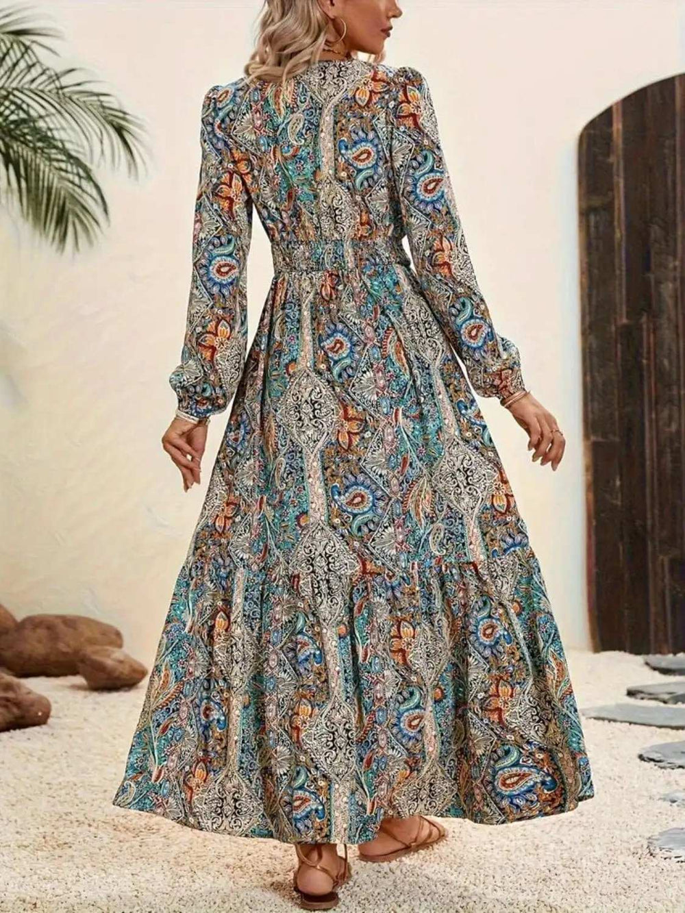 Printed Tie Neck Long Sleeve Maxi Dress - Trendsi - Flyclothing LLC