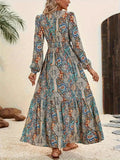 Printed Tie Neck Long Sleeve Maxi Dress - Trendsi