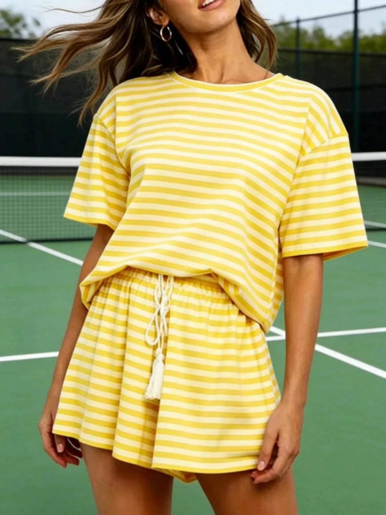 Striped Short Sleeve Tee and Drawstring Shorts Set - Trendsi - Flyclothing LLC